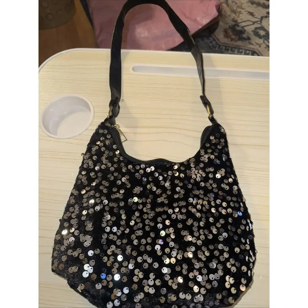 Small Women's Black Sequin Nylon Shoulder Bag for Evening, Holiday or Gift.